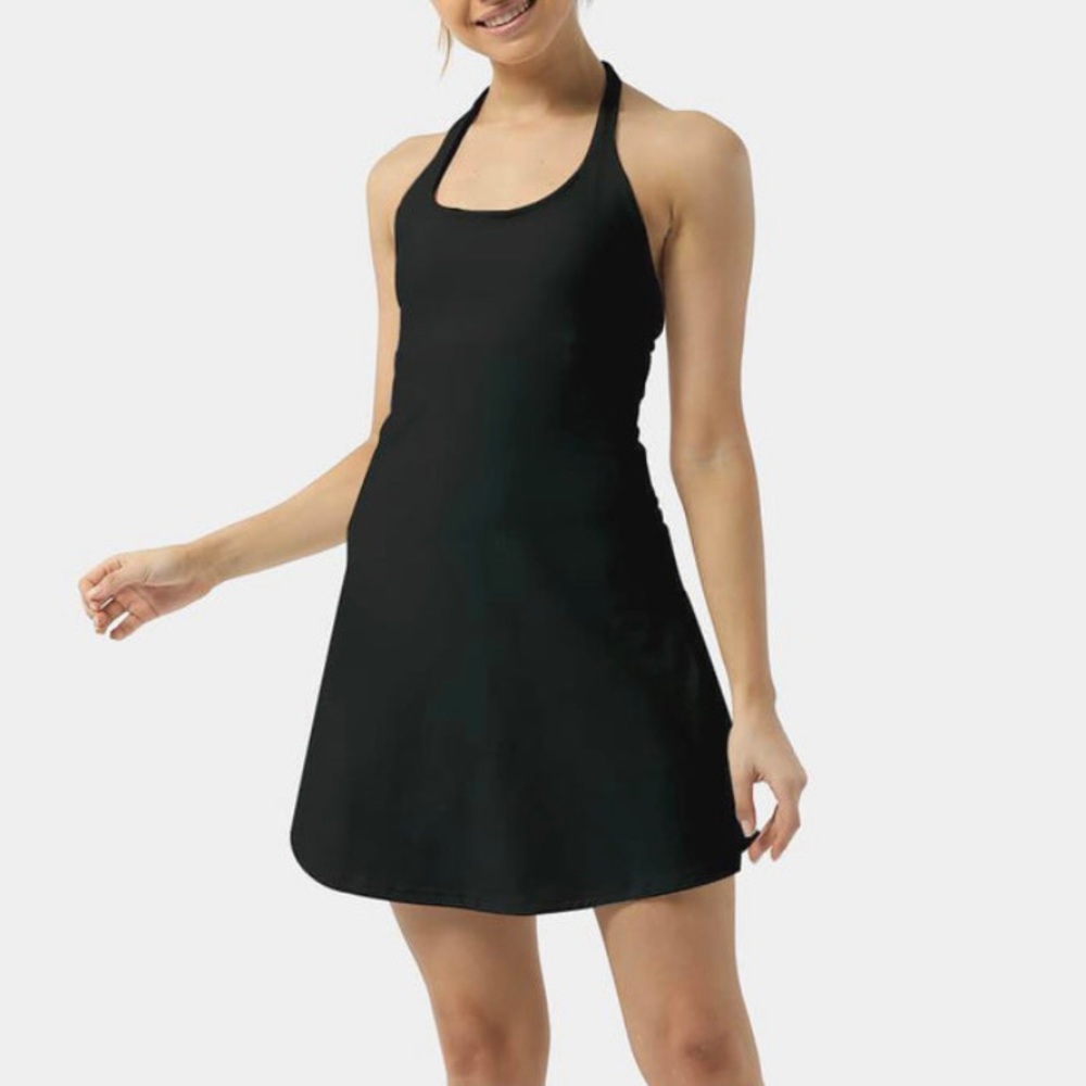 Halara In My Feels Laugh halter activity dress w/ built-in shorts 🖤 black NWT